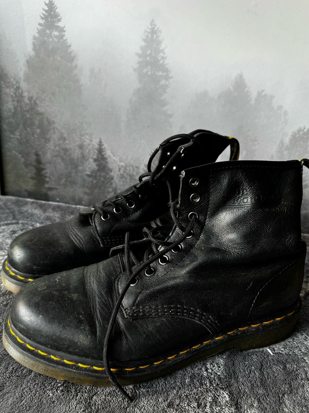 Dr. Martens Black Leather Lace-Up Boots with Yellow Stitching